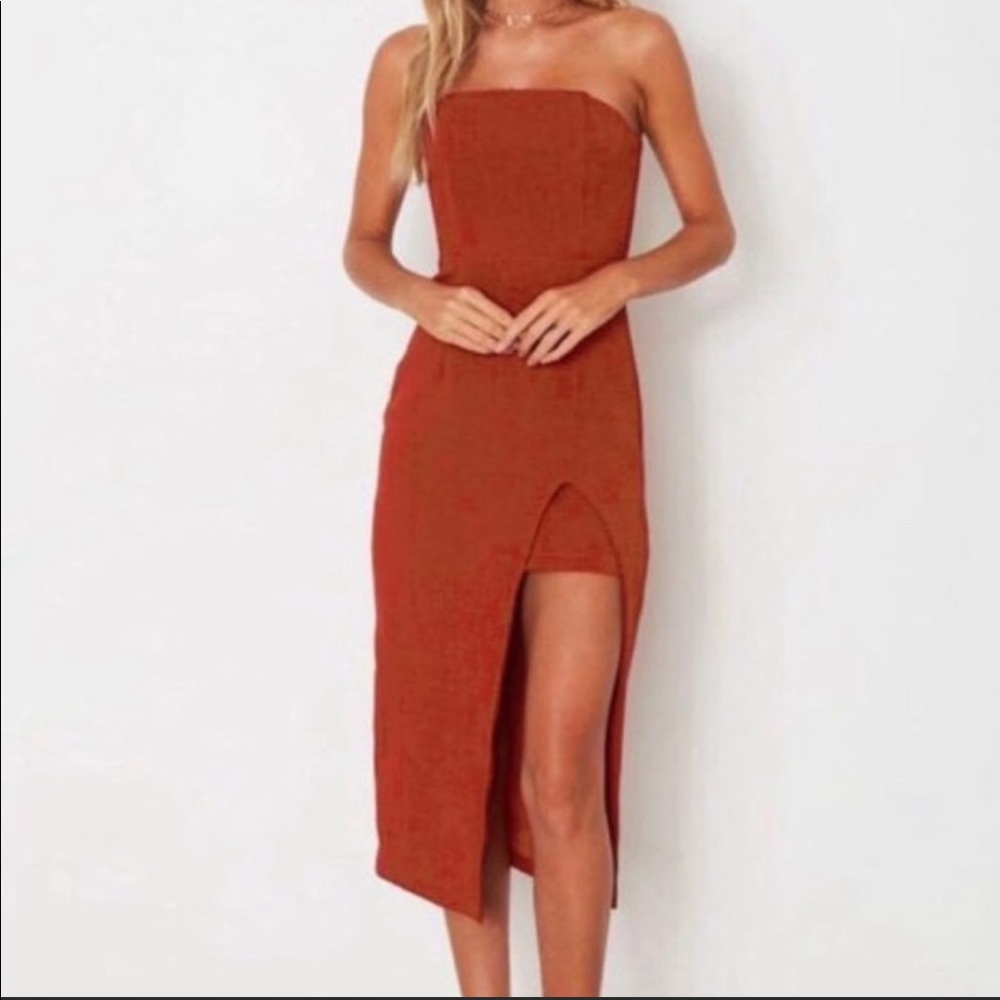 White Fox Strapless Midi Dress with slit- Terracotta